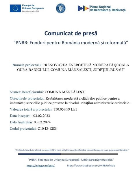 Comunicat de presa de începere proiect Fonduri UE PNRR COMUNA