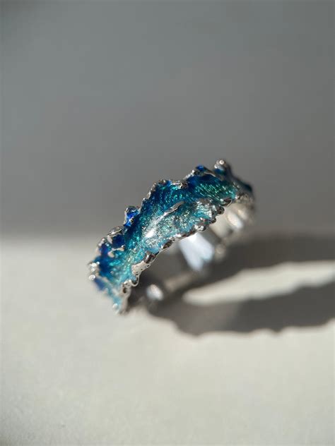 White Gold Ring Wave Ring Blue Enamel Ring Unique Wedding Rings Sea ...