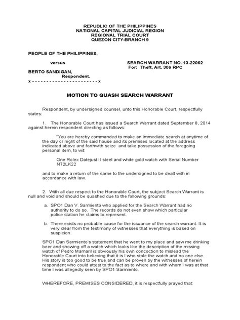 Motion To Quash Search Warrant Pdf Search Warrant Legal Procedure