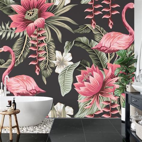 Fotobehang Tropische Bloemen En Flamingo S Vintage Bol