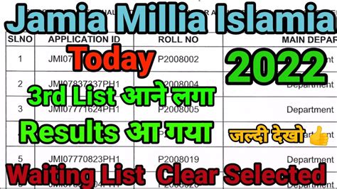 Jamia Millia Islamia 3rd List Of Selected Candidates Result 2022