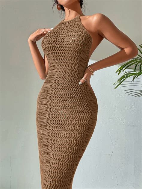 Shein Vcay Crochet Backless Halter Neck Bodycon Dress Shein Usa