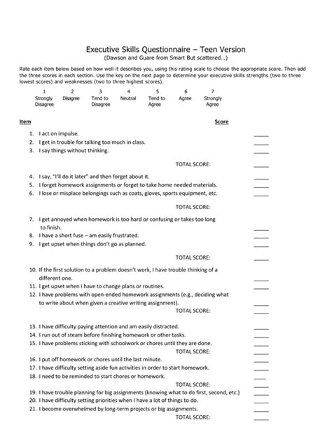 Executive Skills Questionnaire Teen Version