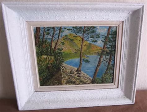 TABLEAU ANCIEN HUILE Sur Panneau Paysage Arbre Montagen Eau