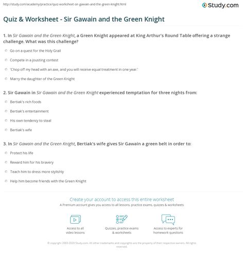 Quiz Worksheet Sir Gawain And The Green Knight Study