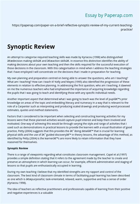 Synoptic Review Free Essay Example