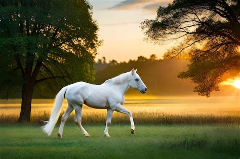 Premium Photo | White horse in a field at sunset