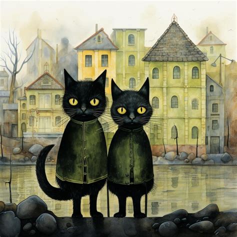 Premium Photo Painting Of Two Black Cats In Coats Standing Next To