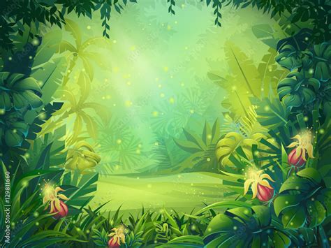 Vector cartoon illustration of background morning rainforest Stock Vector | Adobe Stock