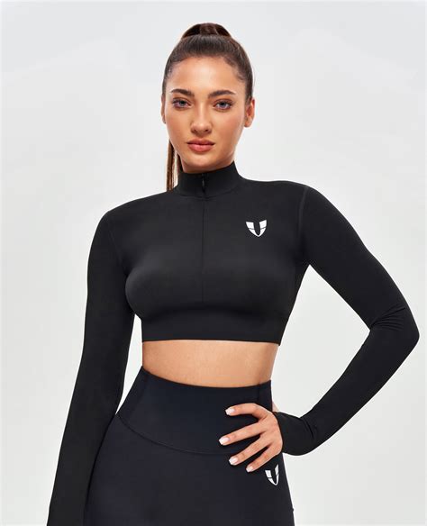 Stand Collar Crop Top Black Firm Abs