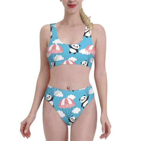 Fotbe Women S Panda Flying In The Sky Print Bikini High Waisted