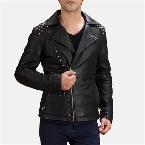 Mens Black Studded Leather Biker Jacket