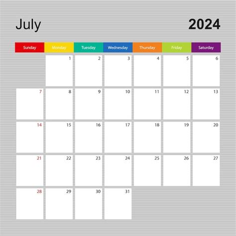 Página de calendario para julio de 2024 planificador de pared con