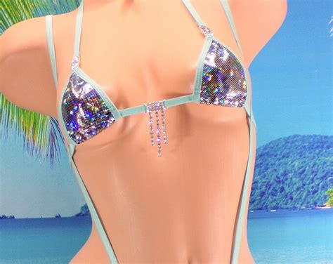 Mini Micro Slingshot Bikini W Rhinestones Silver Black Shattered Glass