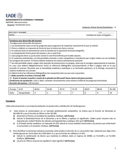 Primer Parcial Micro A Departamento De Economia Y Finanzas Materia