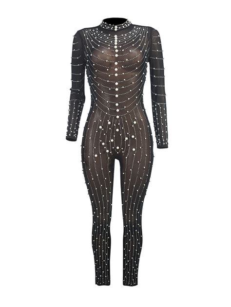 Women Sexy Mesh See Through Beaded Round Neck Long Sleeve Jumpsuit