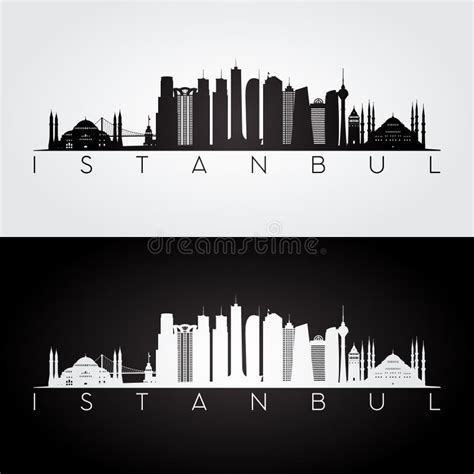 Istanbul City Skyline Horizontal Banner Black And White Silhouette Of