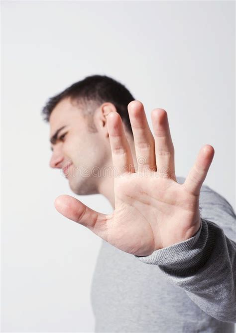 Denial Gesture Young Man Saying Stop And Holding His Hand Up Ad