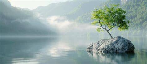 Solitary Tree On A Misty Lake Premium Ai Generated Image