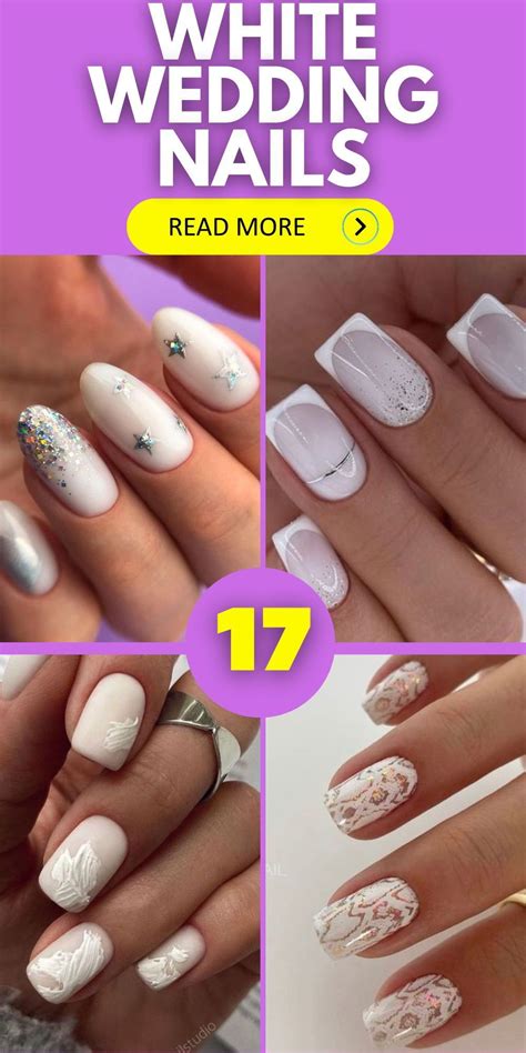 Artistic White Wedding Nails Short With Purple And Rhinestone Design