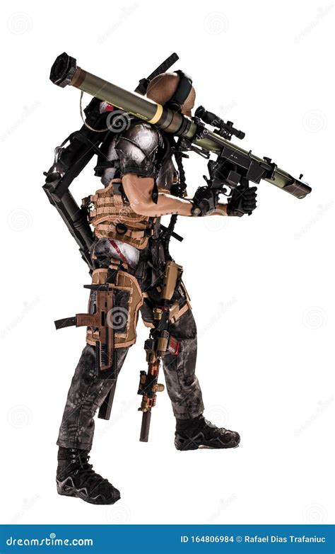 Soldier In Operation Holding A Rocket Launcher Future War Stock