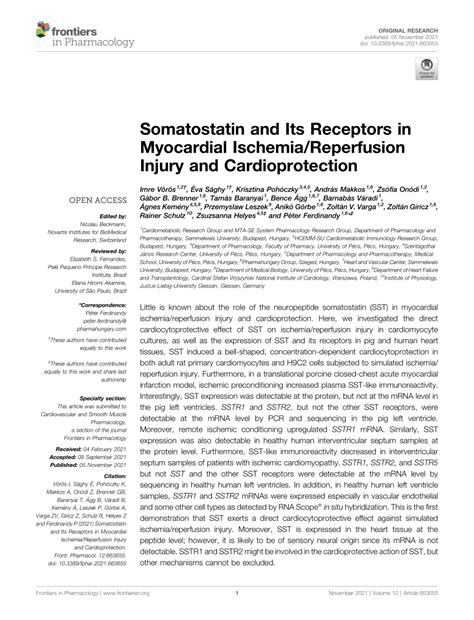 PDF Somatostatin And Its Receptors In Myocardial Ischemia Reperfusion