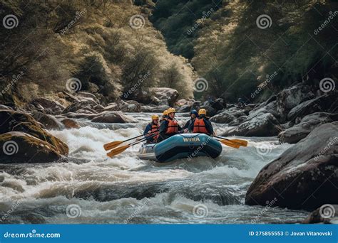 Rafting On A Large Boat On A Mountain River Created By Generative Ai