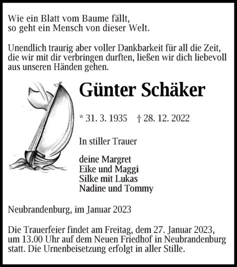 Traueranzeigen von Günter Schäker Trauer Nordkurier