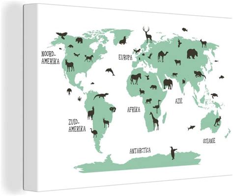 Carte du Wereldkaart Kinder sur toile Décoration murale Animaux 60x40