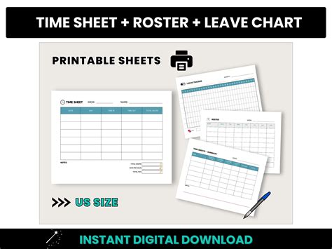 Time Sheet, Weekly Roster, Printable Vacation Chart, Printable Staff Schedules, US Size ...