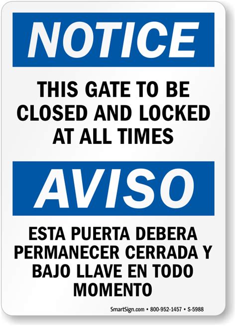 Bilingual This Gate To Be Closed And Locked At All Times Sign Sku S