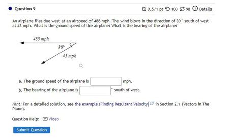 Solved An Airplane Flies Due West At An Airspeed Of 488mph Chegg