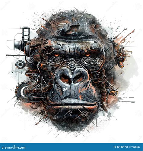 A Fierce, Futuristic Gorilla Head With Mechanical Enhancements