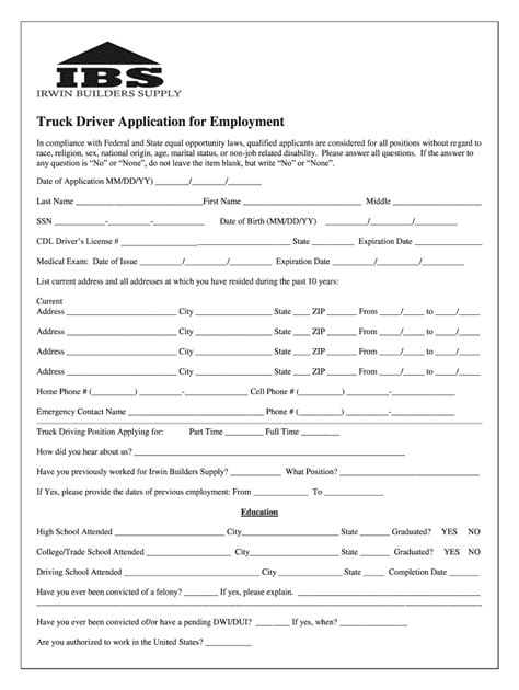 Printable Truck Driver Application Form Printable Forms Free Online