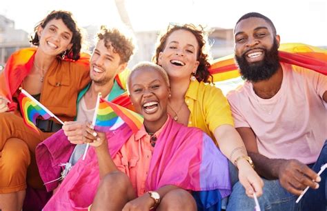 Premium Photo Portrait Diversity And Rainbow Flag For Lgbtq Community Freedom And Smile For