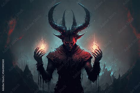 a painting of a demon with horns and blood dripping from his hands ...