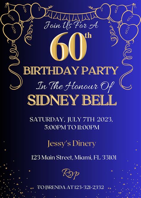 Editable 60th Birthday Invitation Digital Template Any Age Dark Blue And Gold Invitation For