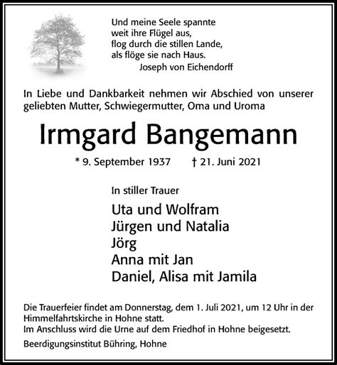 Traueranzeigen Von Irmgard Bangemann Trauerportal Der Celleschen Zeitung