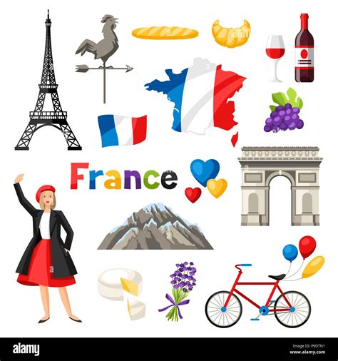 France Icons Set French Traditional Symbols And Objects Stock Vector