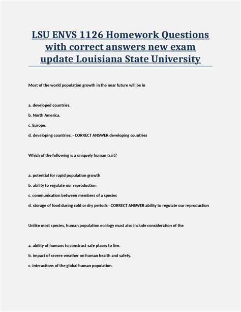 Lsu Envs Homework Questions With Correct Answers New Exam Update