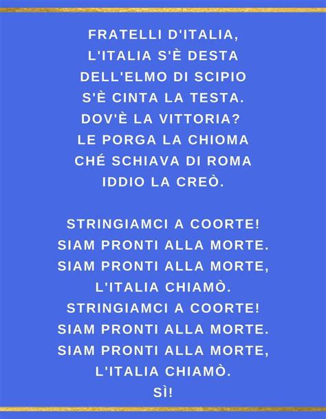 Italian National Anthem Lyrics Fratelli Ditalia Italian Words