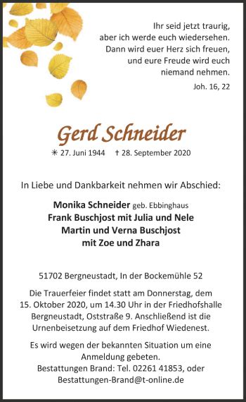 Traueranzeigen Von Gerd Schneider WirTrauern