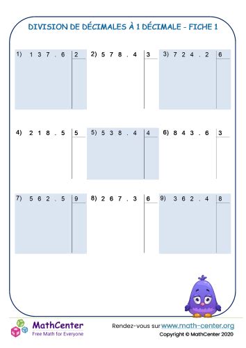 Division de décimales à 1 décimale près fiche 1 Fiches de travail