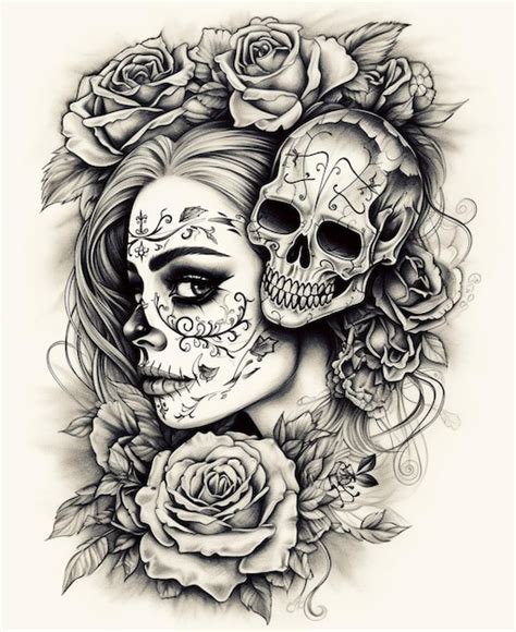 Un Dibujo En Blanco Y Negro De Una Mujer Con Una Calavera En La Cabeza