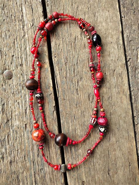 Long Red Necklace Red Bead Necklace Beaded Necklace Red Etsy