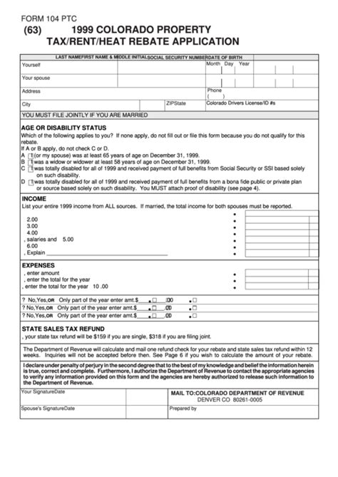 Form 104 Ptc Colorado Property Tax Rent Heat Rebate Application