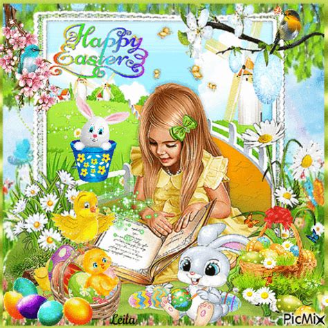 Happy Easter Animated Gif With Girl Reading Book Pictures, Photos, and Images for Facebook ...