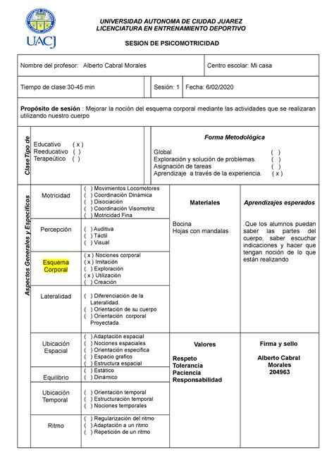 Sesion De Psicomotricidad 2 Universidad Autonoma De Ciudad Juarez Licenciatura En