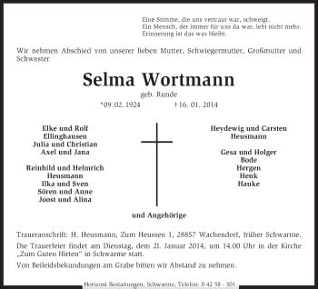 Traueranzeigen Von Selma Wortmann Trauer Kreiszeitung De