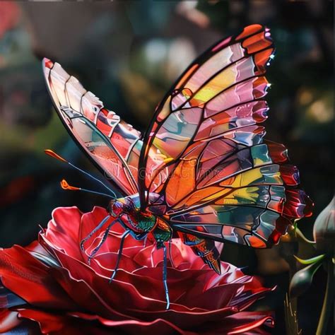 Butterfly On A Red Rose In A Garden Closeup Stock Illustration